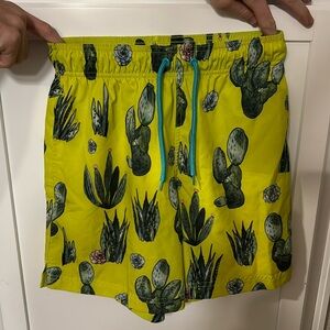 Yellow, cactus print men’s swimming trunks